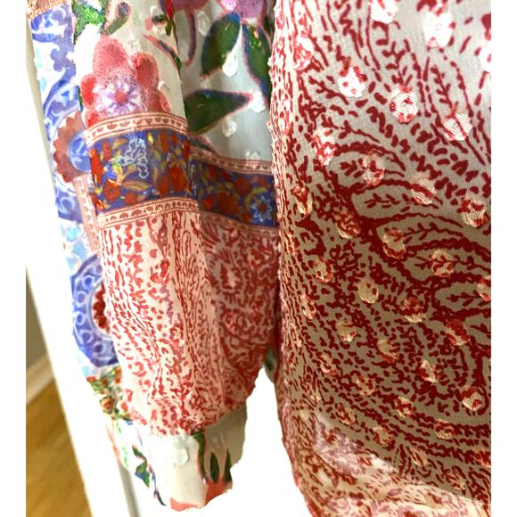 ZARA Boho Ruffled Neckline Swiss Dot Chiffon Patchwork Print Blouse Size Small - Picture 9 of 9